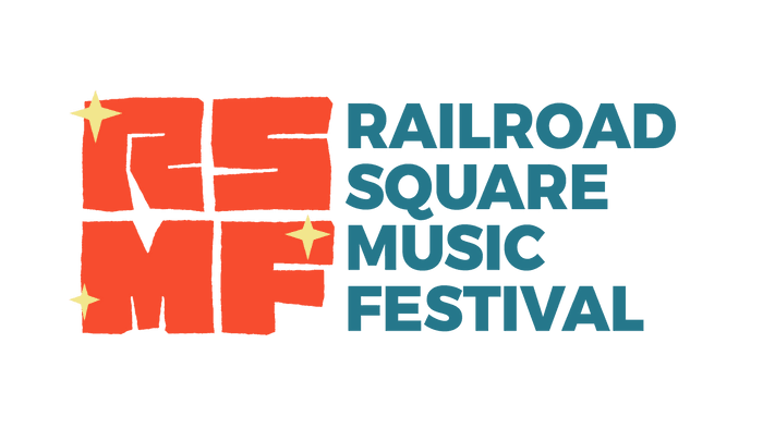 RSMF horizontal lockup: the red gridmark with yellow stars alongside Railroad Square Music Festival in teal
