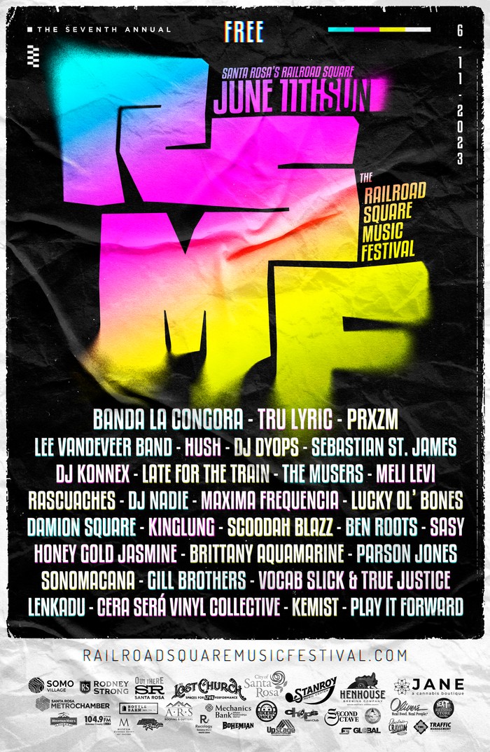 RSMF 2023 festival poster with neon gradient logo on crumpled black paper